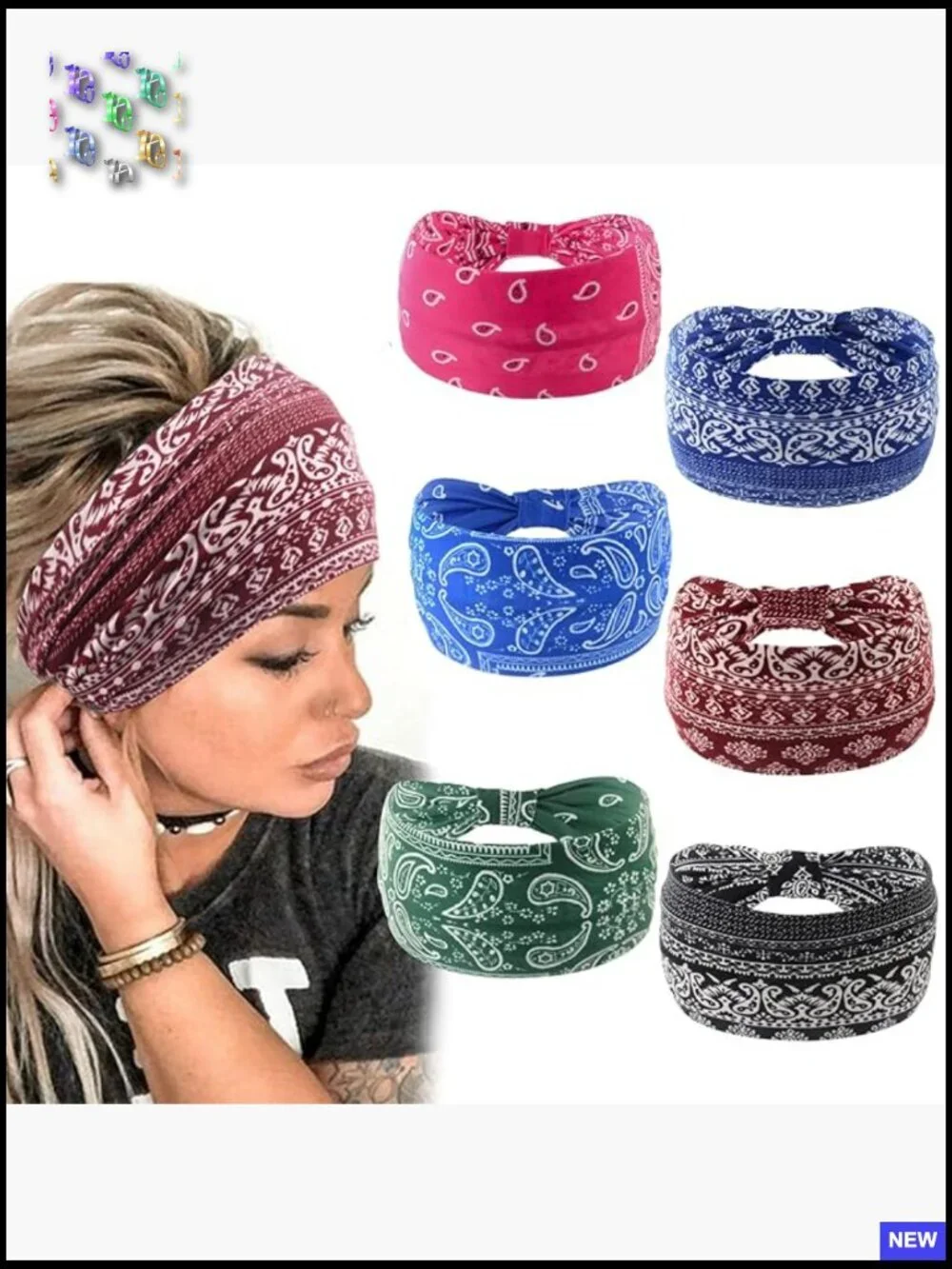 Boho Floral Printed Stretch Headbands Non Slip Turban Wraps Pack of 6